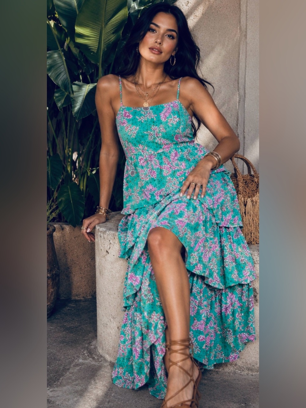 Entro Green & Pink Floral Tiered Midi Dress